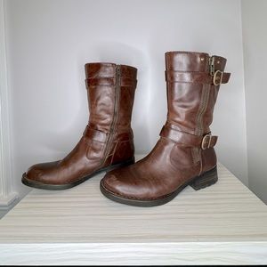 Brown Leather Mid-Calf Buckle Boots - Women's